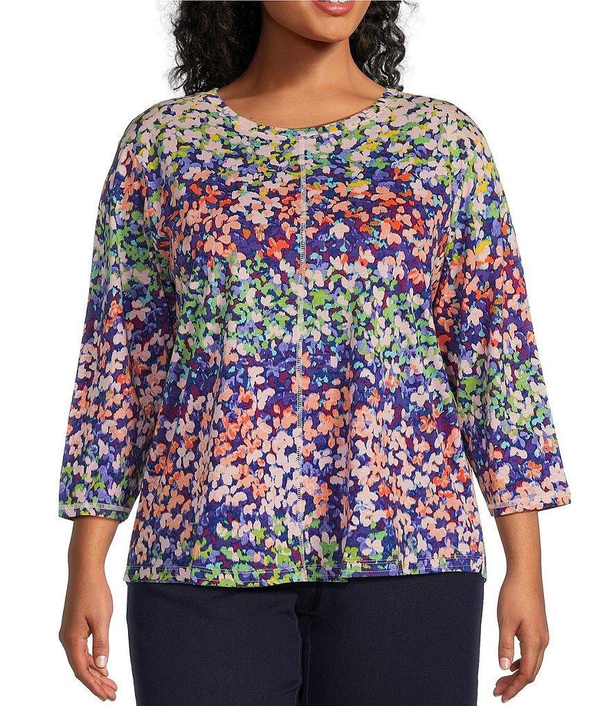 Westbound Plus Size Knit Floral 3/4 Sleeve Crew Neck Top Product Image