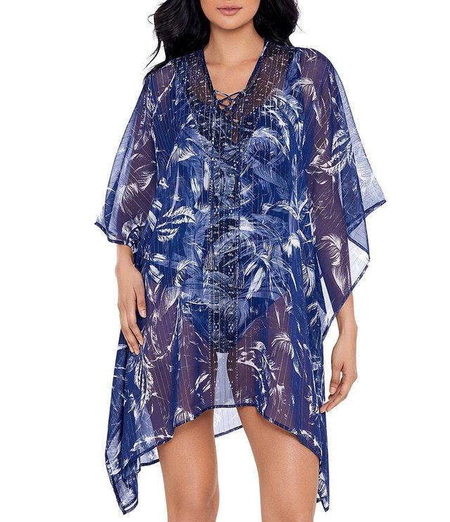 Miraclesuit Tropica Toile Palm Print Lace-Up V-Neck Cover-Up Caftan Product Image