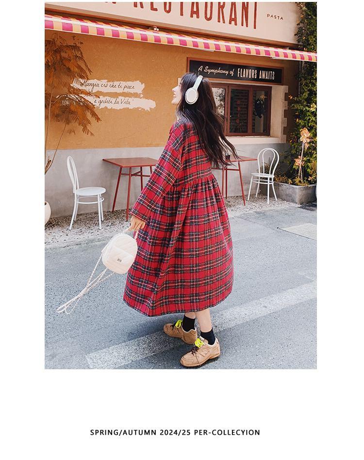 Long-Sleeve Round Neck Plaid Midi Tunic Dress Product Image