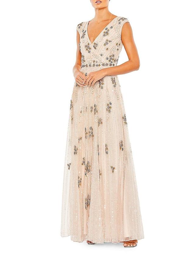 Womens Embellished Wrap Over Cap Sleeve A-Line Gown Product Image