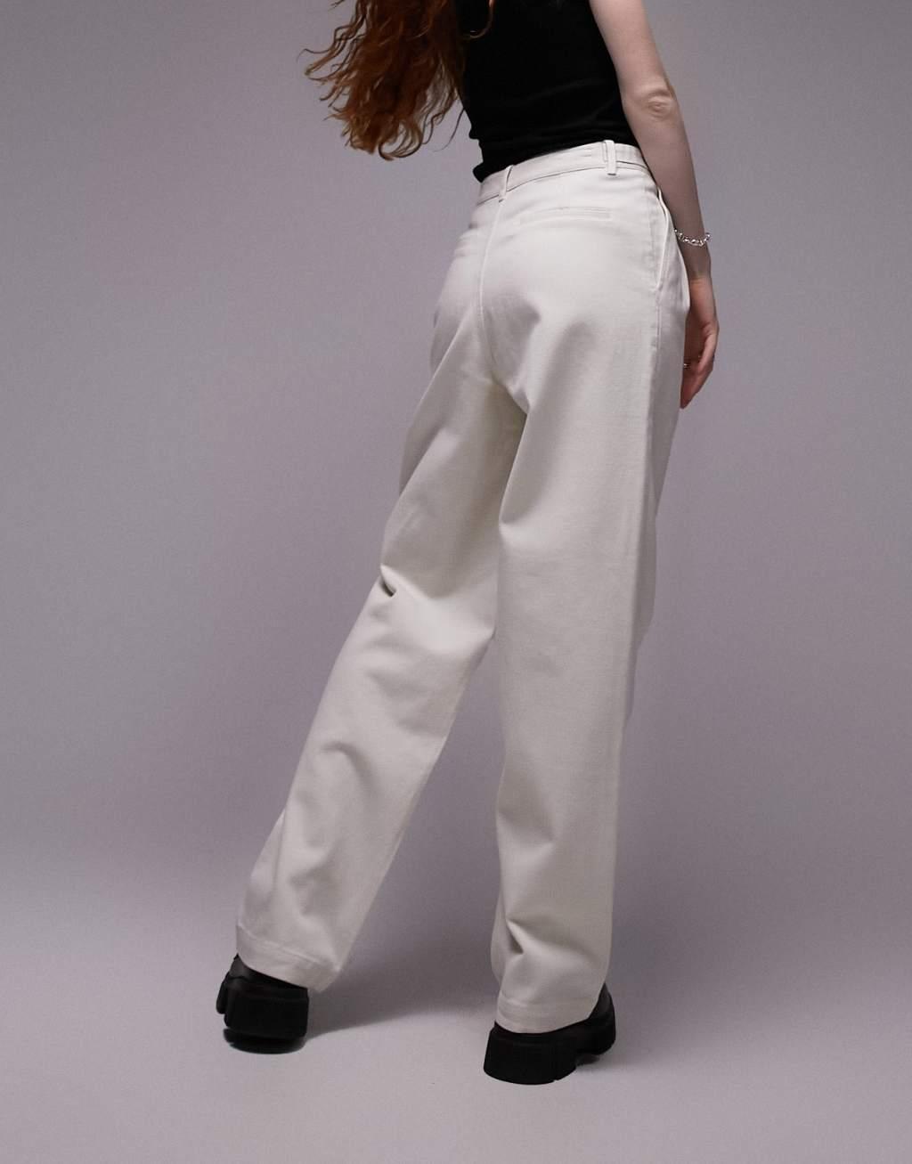 Topshop button tab detail straight leg pants in ecru Product Image