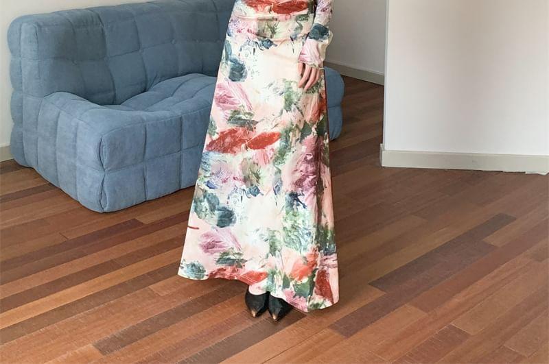 Off Shoulder Long Sleeve Floral Print Maxi A-Line Dress Product Image