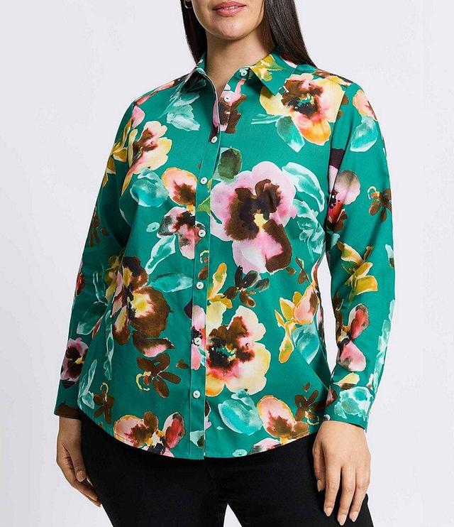 Foxcroft Plus Size Zoey Watercolor Floral Point Collar Long Sleeve Shirt Product Image