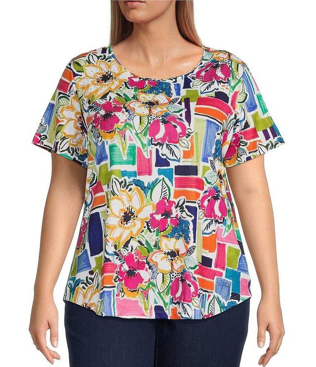 Allison Daley Plus Size Tile Bouquet Print Embellished Short Sleeve Crew Neck Art Tee Shirt Product Image