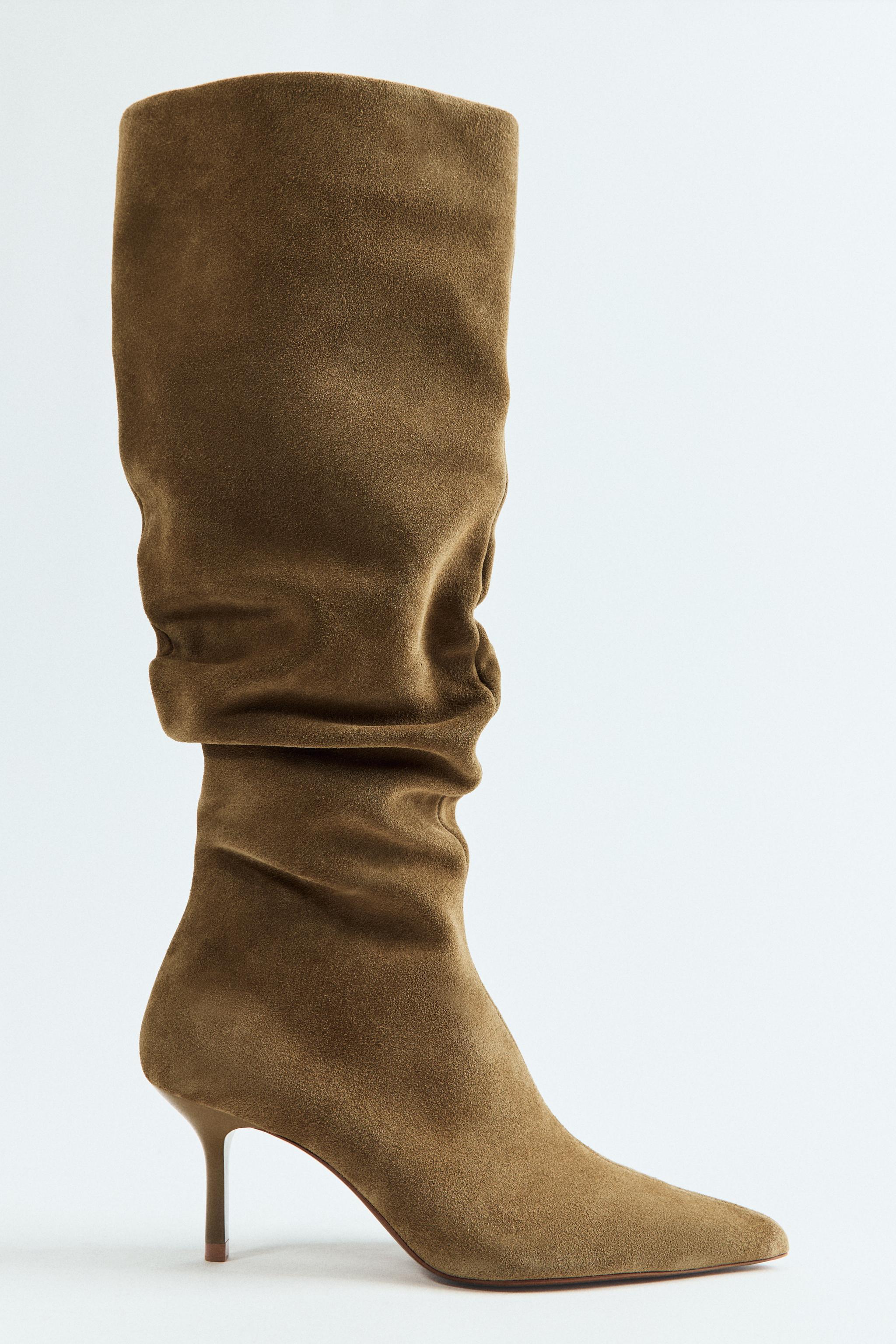 LEATHER SUEDE HEELED RUCHED BOOTS Product Image