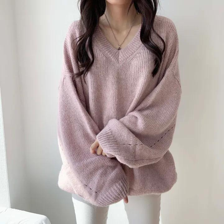 V-Neck Drop-Shoulder Plain Sweater Product Image