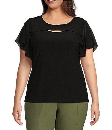 Calvin Klein Plus Size Matte Jersey Chiffon Short Flutter Sleeve Cut Product Image