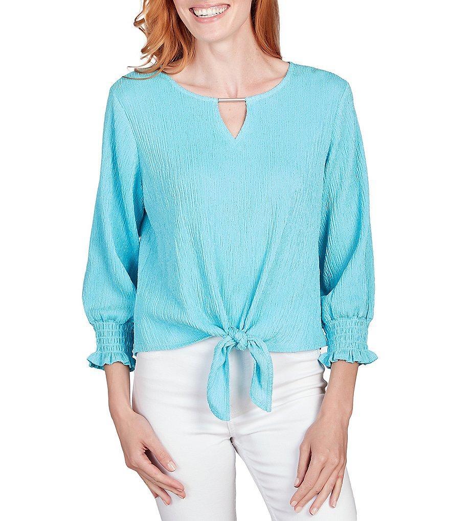 Ruby Rd. Knit Bar Detail Keyhole Neck 3/4 Sleeve Tie-Front Top Product Image