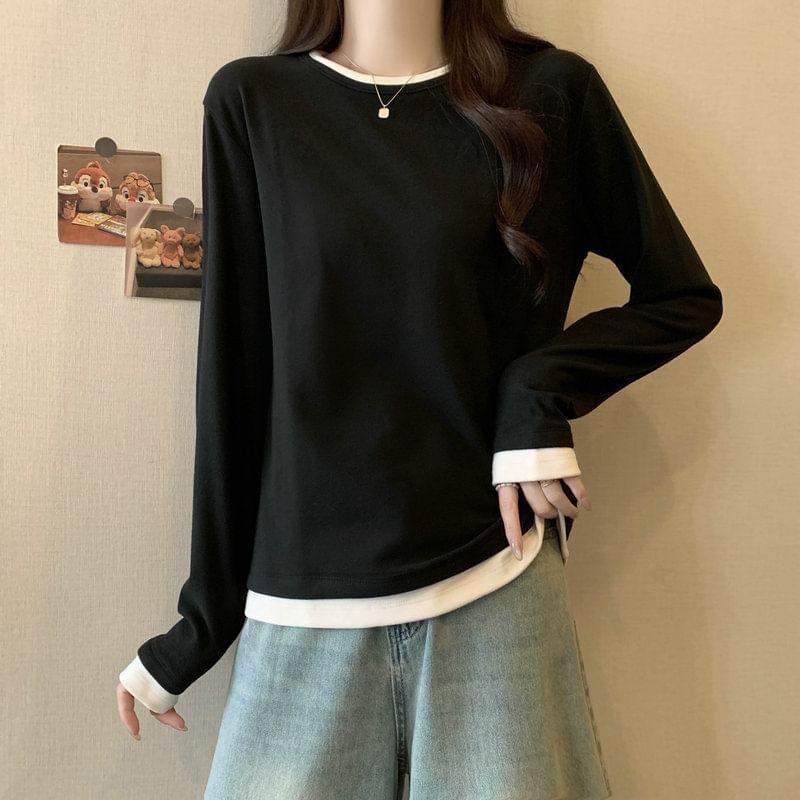 Long Sleeve Round Neck Mock Two Piece Tee Product Image