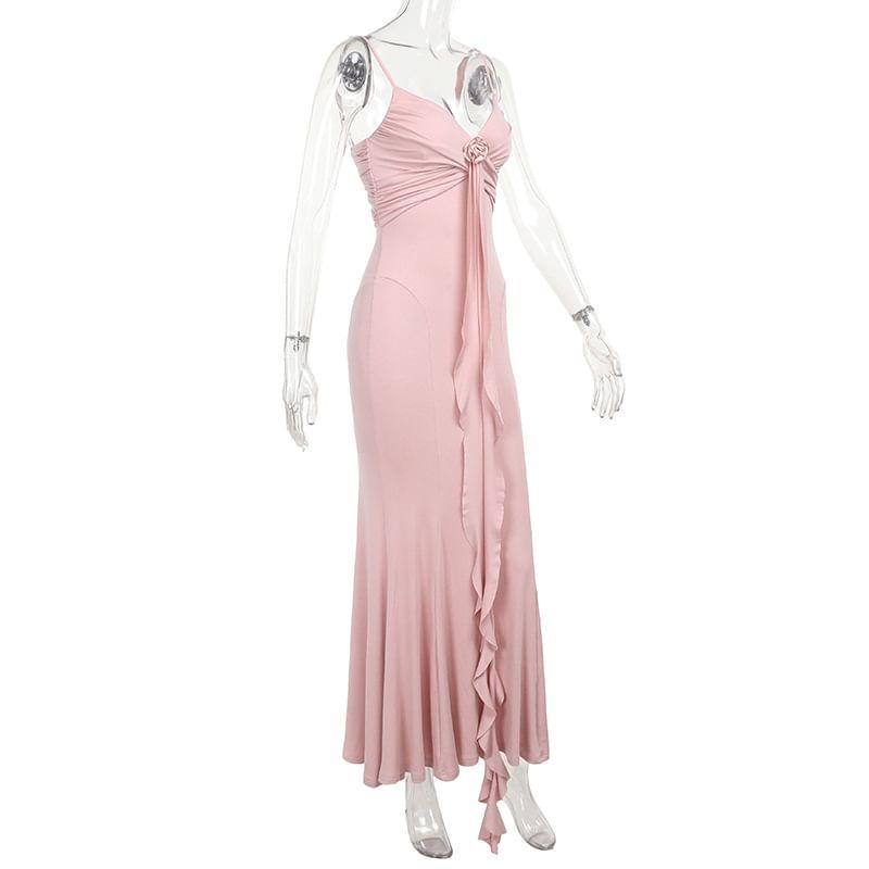 Spaghetti Strap Plain Drawstring Midi Mermaid Dress Product Image