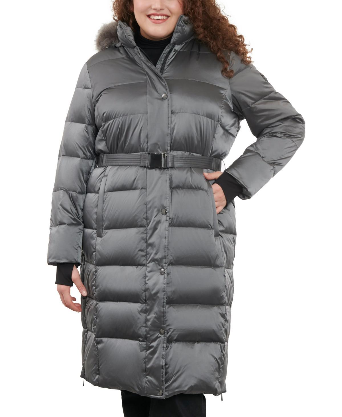 Michael Michael Kors Womens Plus Size Shine Belted Faux-Fur-Trim Hooded Puffer Coat Product Image