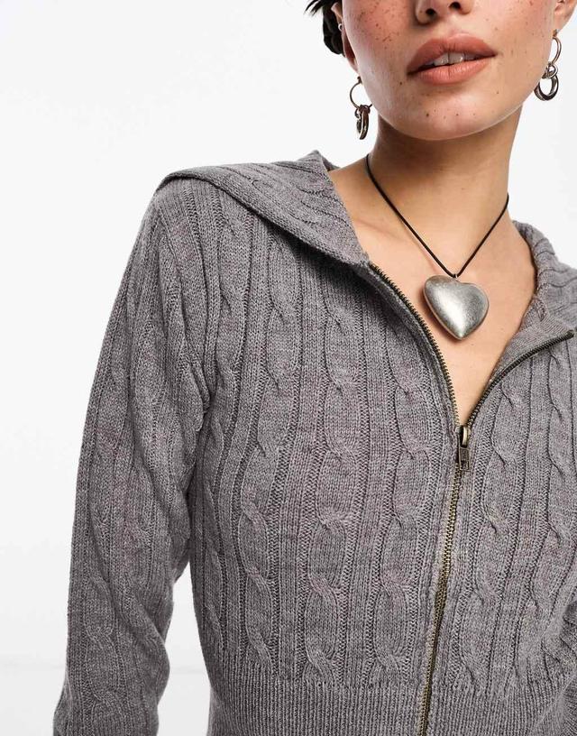 COLLUSION cable knit oversized collar zip through sweater in gray heather Product Image