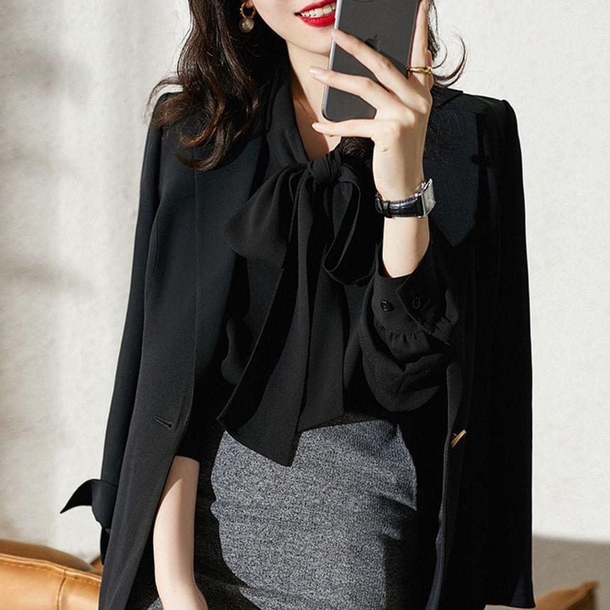 Long-Sleeve Tie-Neck Plain Blouse Product Image