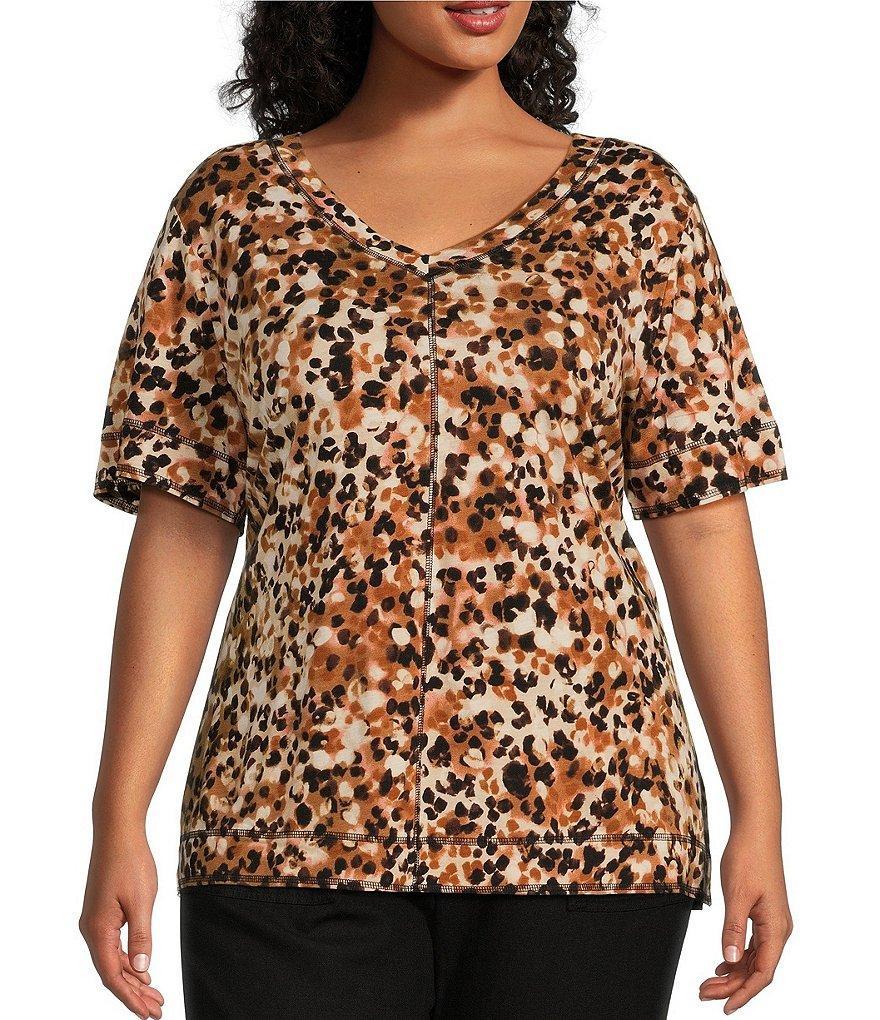 Westbound Plus Size Spot Print Knit Short Sleeve V-Neck Top Product Image