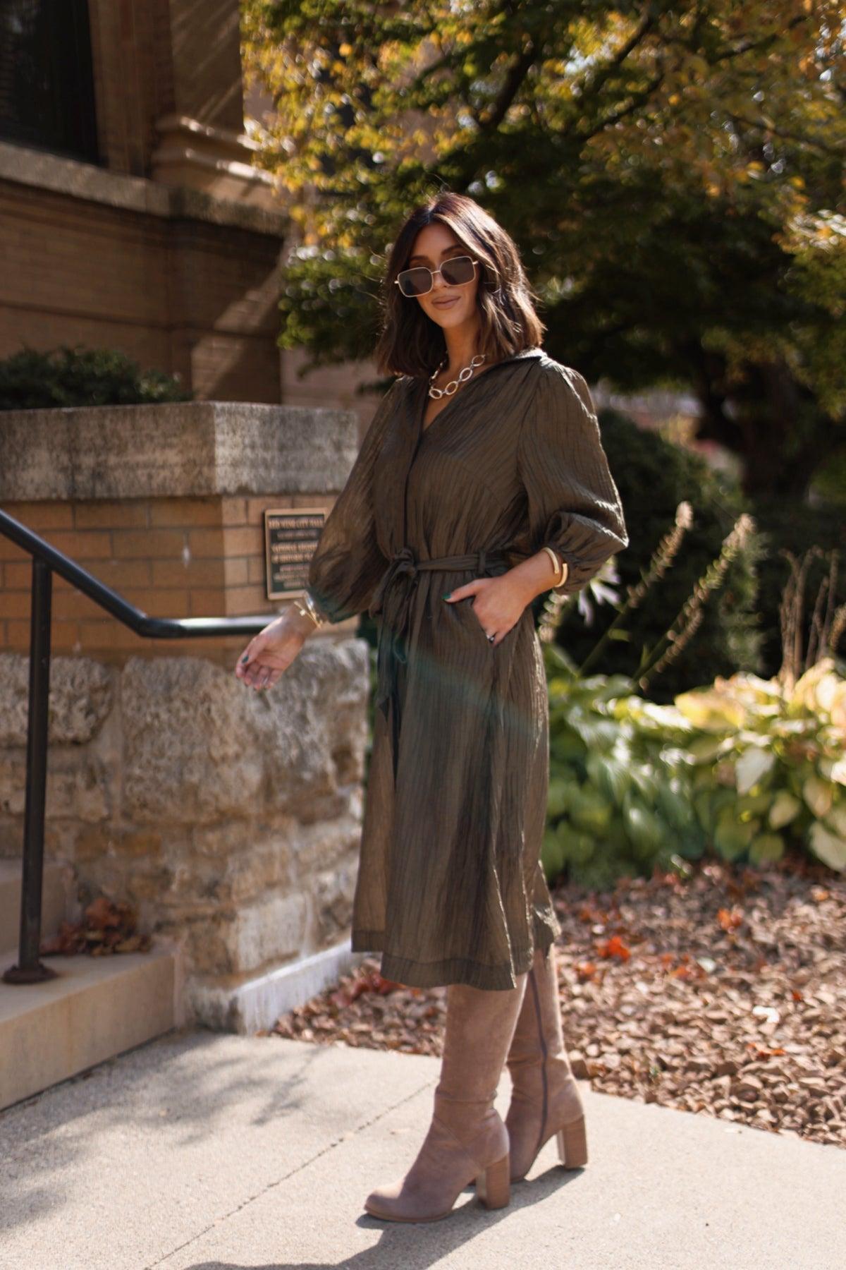 Olive Button Down Belted Midi Dress Female Product Image