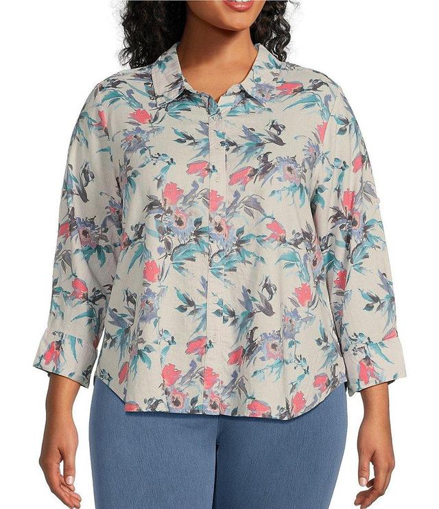 Intro Plus Size Linen Blend Floral Point Collar 3/4 Roll-Tab Sleeve Button-Front Shirt Product Image