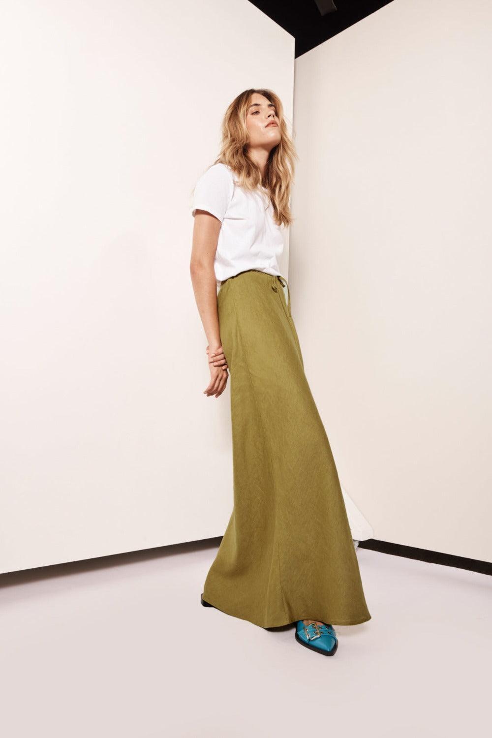 Aki Linen Maxi Skirt Olive Product Image