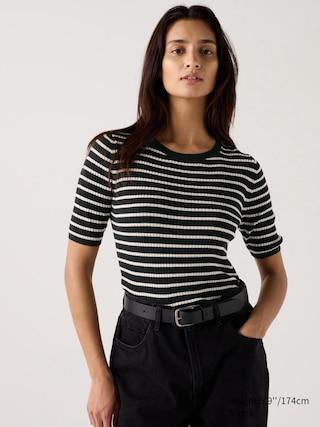 Womens Merino Ribbed Crew Neck Half Sleeve Sweater Striped Black XS UNIQLO US Product Image