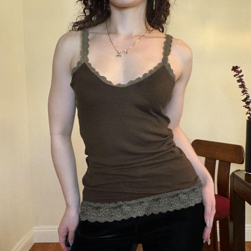 V-Neck Lace-Trim Plain Slim-Fit Tank Top Product Image