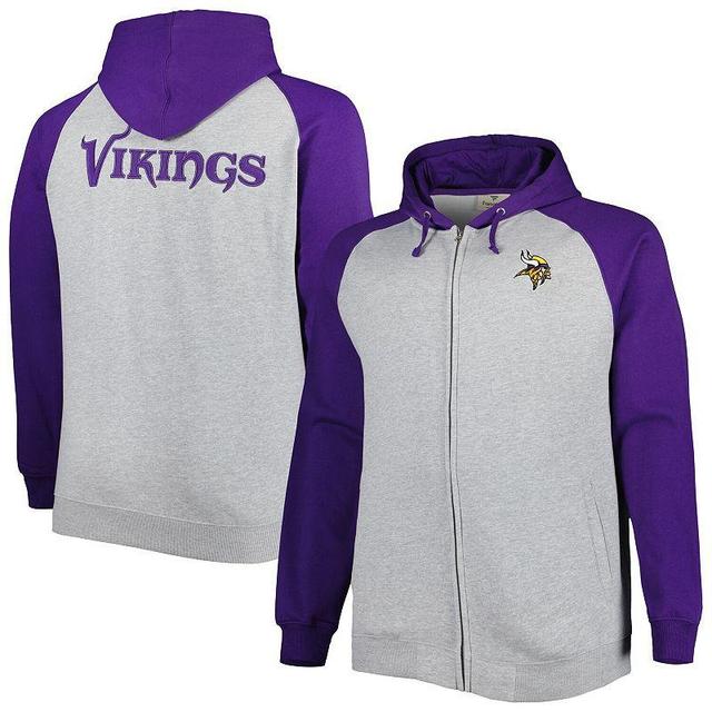 Mens Heather Gray Minnesota Vikings Big & Tall Fleece Raglan Full-Zip Hoodie Jacket Product Image