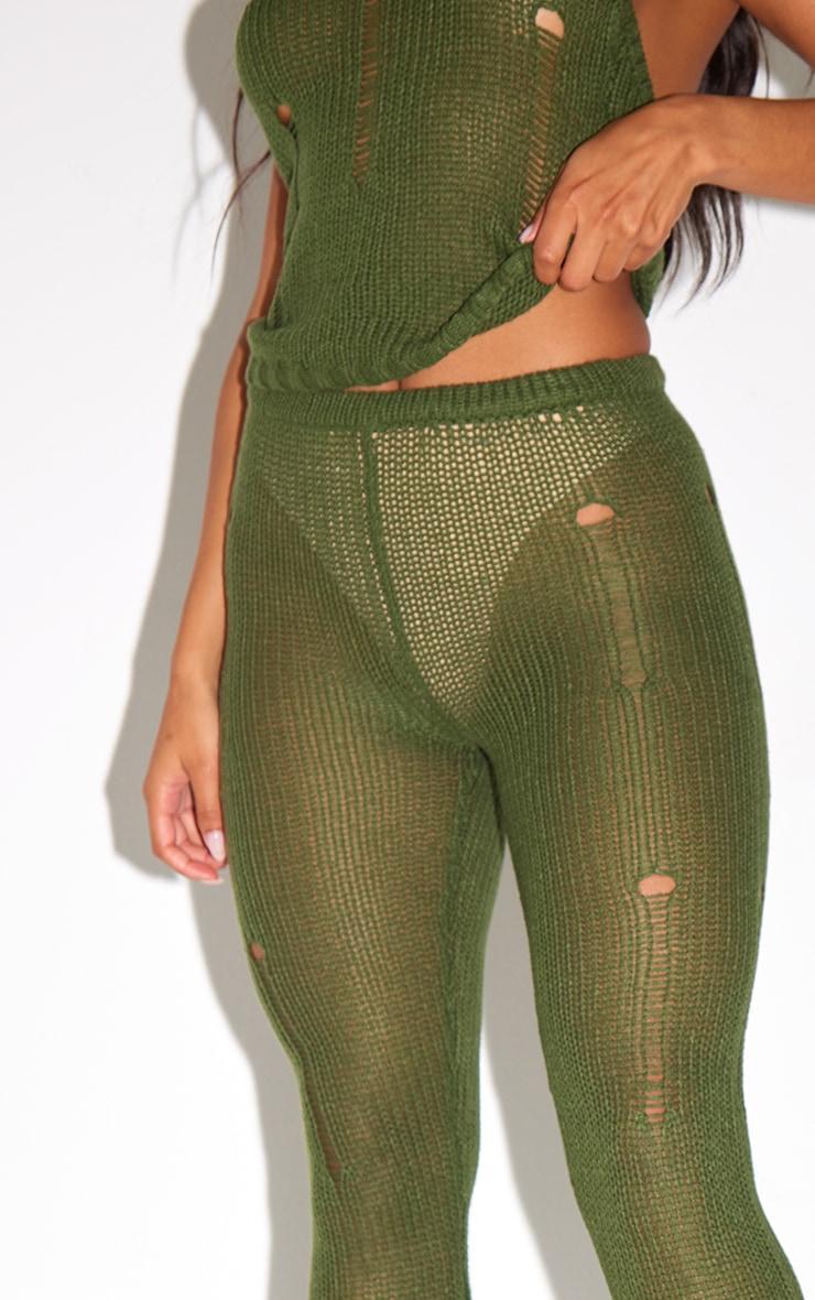 Khaki Distressed Knit Flare Pants Product Image