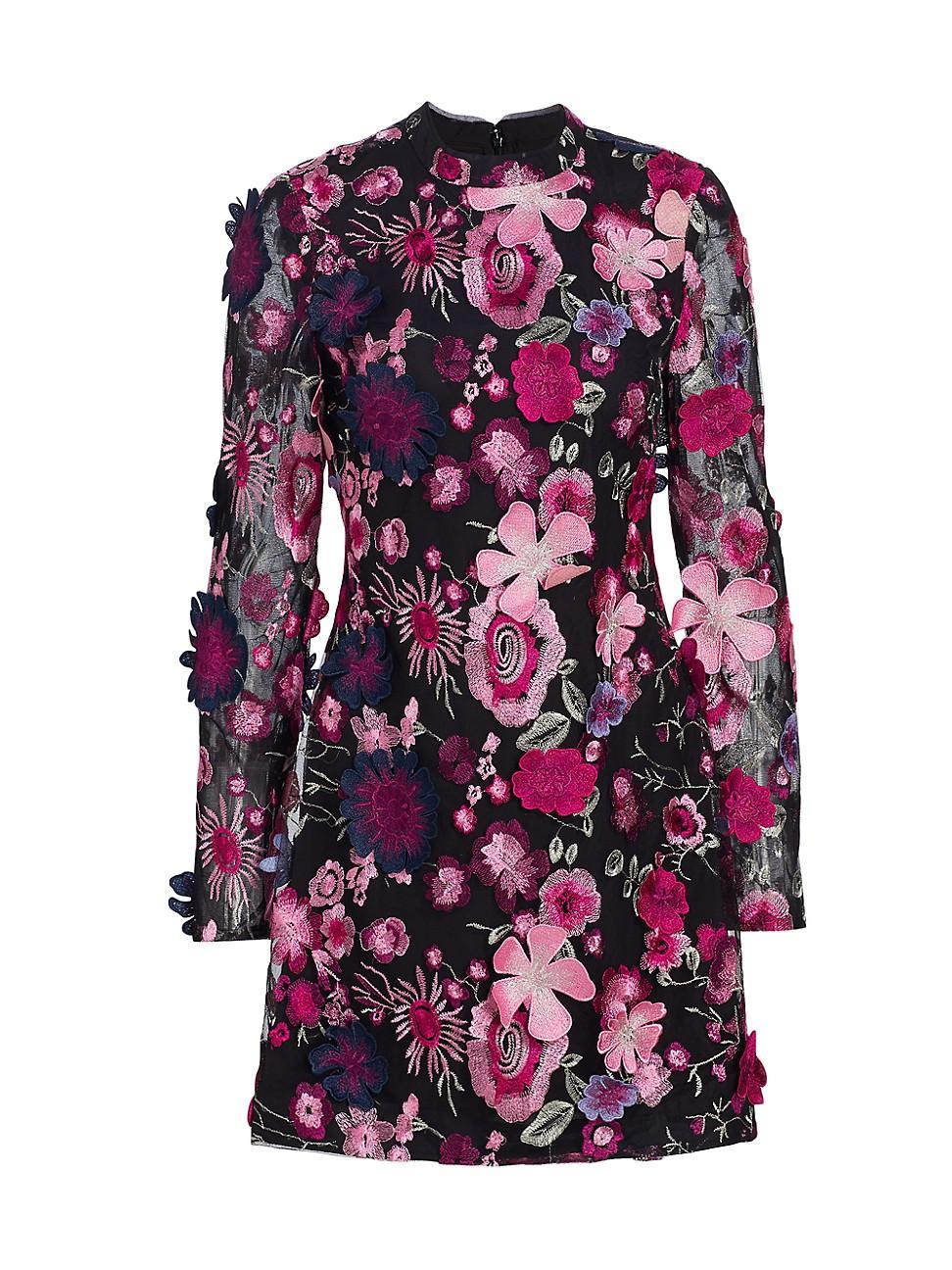 Womens Long-Sleeve Floral-Embroidered Minidress Product Image