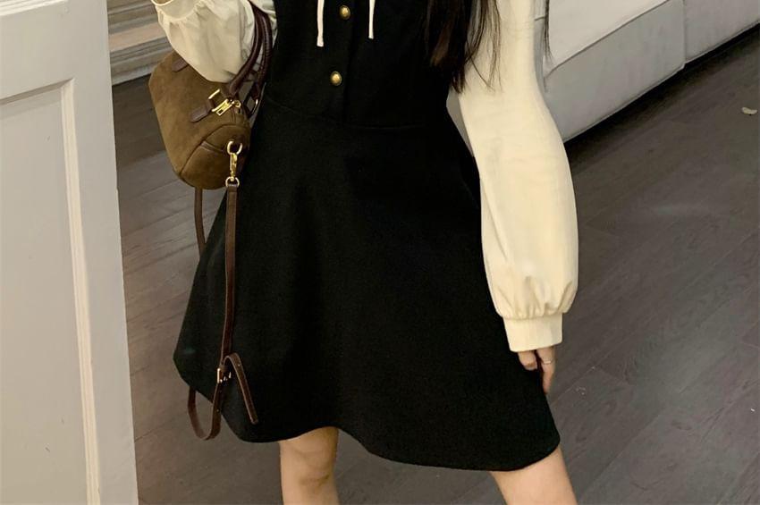 Mock Two-Piece Puff-Sleeve Contrast Collar Bow Mini A-Line Dress Product Image