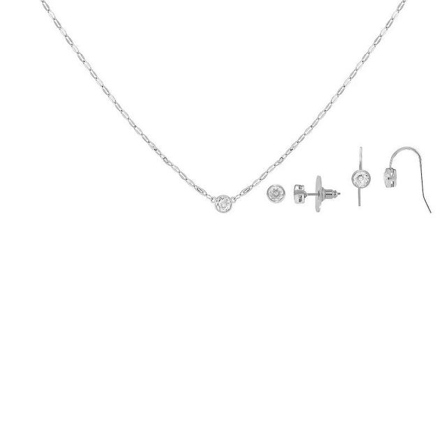 Emberly Cubic Zirconia Stud Earrings, Drop Earrings, & Butterfly Chain Necklace Set, Womens, Silver Tone Product Image