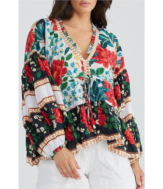 Talisman Cha Cha Printed V-Neck Long Volume Sleeve Tiered Body Top Product Image