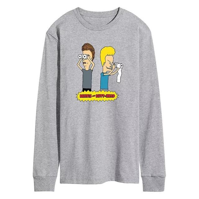 Mens Beavis & Butthead Toilet Paper Long Sleeve Graphic Tee Grey Gray Product Image