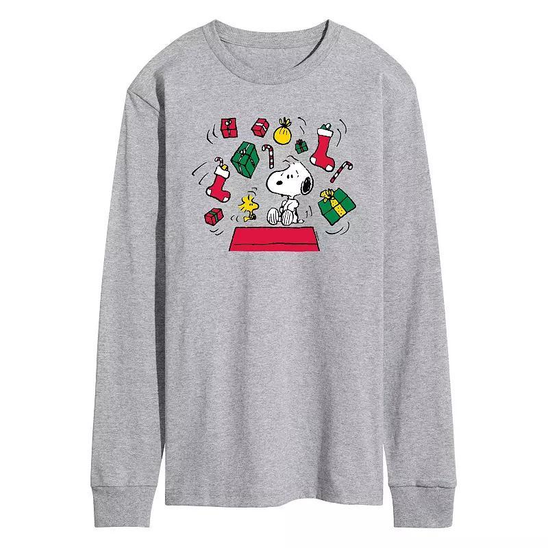 Mens Peanuts Snoopy & Woodstock Christmas Long Sleeve Graphic Tee Grey Gray Product Image