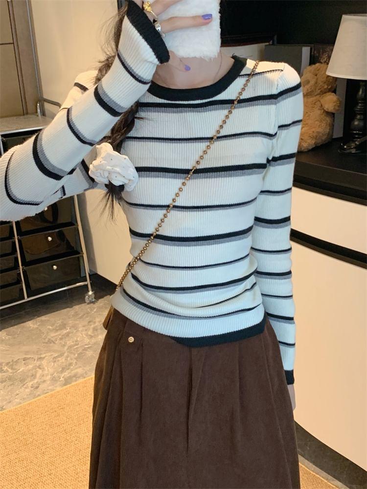 Long-Sleeve Striped Knit Top Product Image