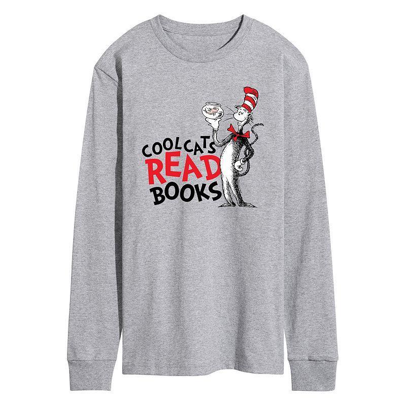 Mens Dr. Seuss The Cat in the Hat Cool Cats Read Books Long Sleeve Graphic Tee Grey Gray Product Image