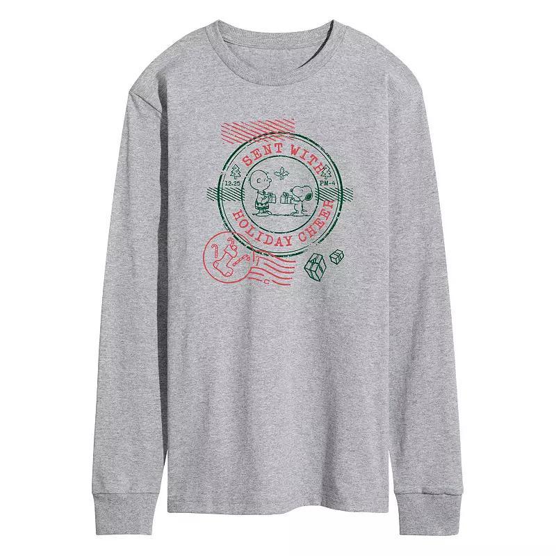 Mens Peanuts Sent With Holiday Cheer Stamp Long Sleeve Graphic Tee Grey Gray Product Image