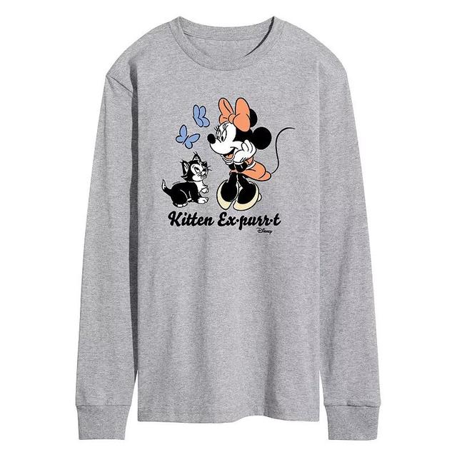 Disneys Minnie Mouse & Figaro Mens Kitten Expurrt Long Sleeve Graphic Tee Grey Gray Product Image