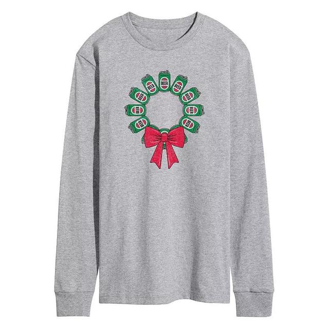 Mens Beer Christmas Wreath Long Sleeve Graphic Tee Grey Gray Product Image