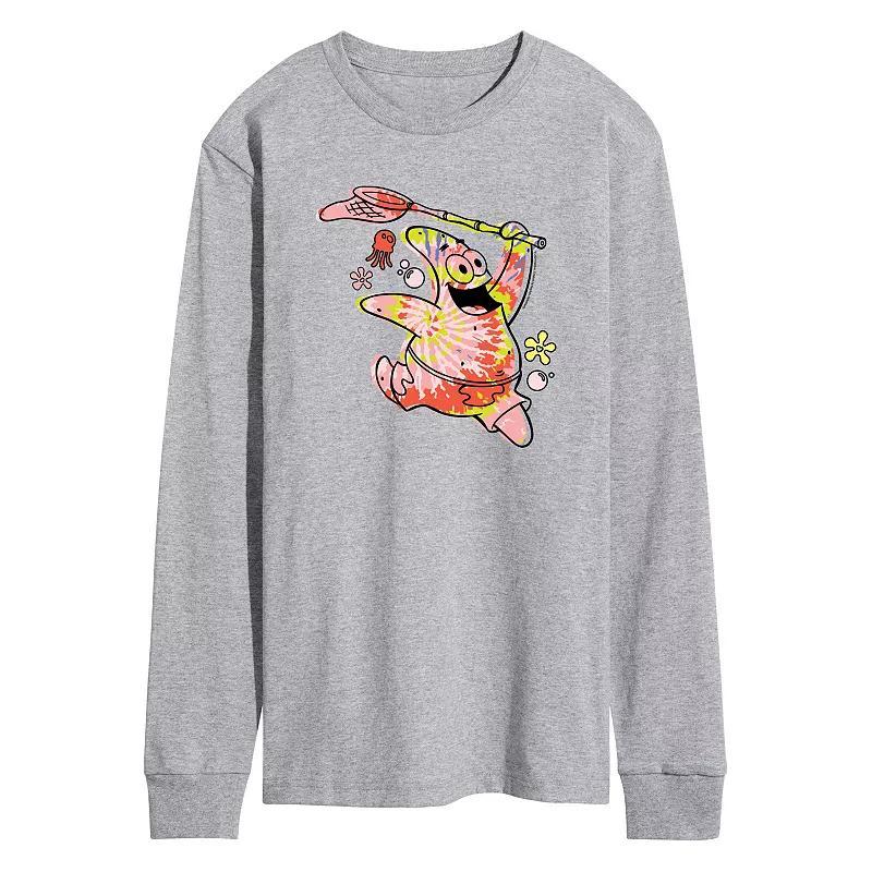 Mens SpongeBob SquarePants Tie Dye Patrick Long Sleeve Graphic Tee Grey Gray Product Image