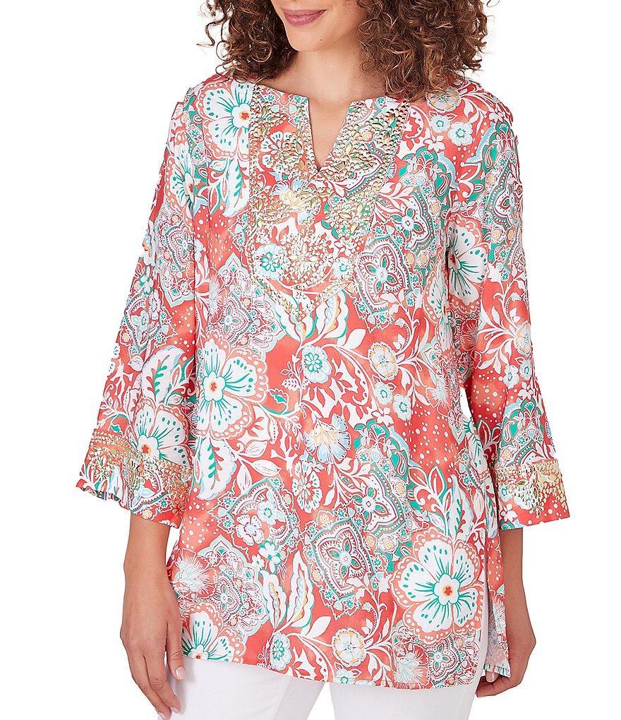 Ruby Rd. Woven Medallion Floral Split V-Neck 3/4 Sleeve Voile Top Product Image