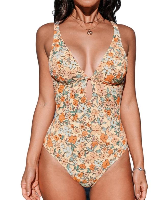 Cupshe Womens Textured Floral Cutout Plunge Neck O-Ring Back One Piece Swimsuit Product Image