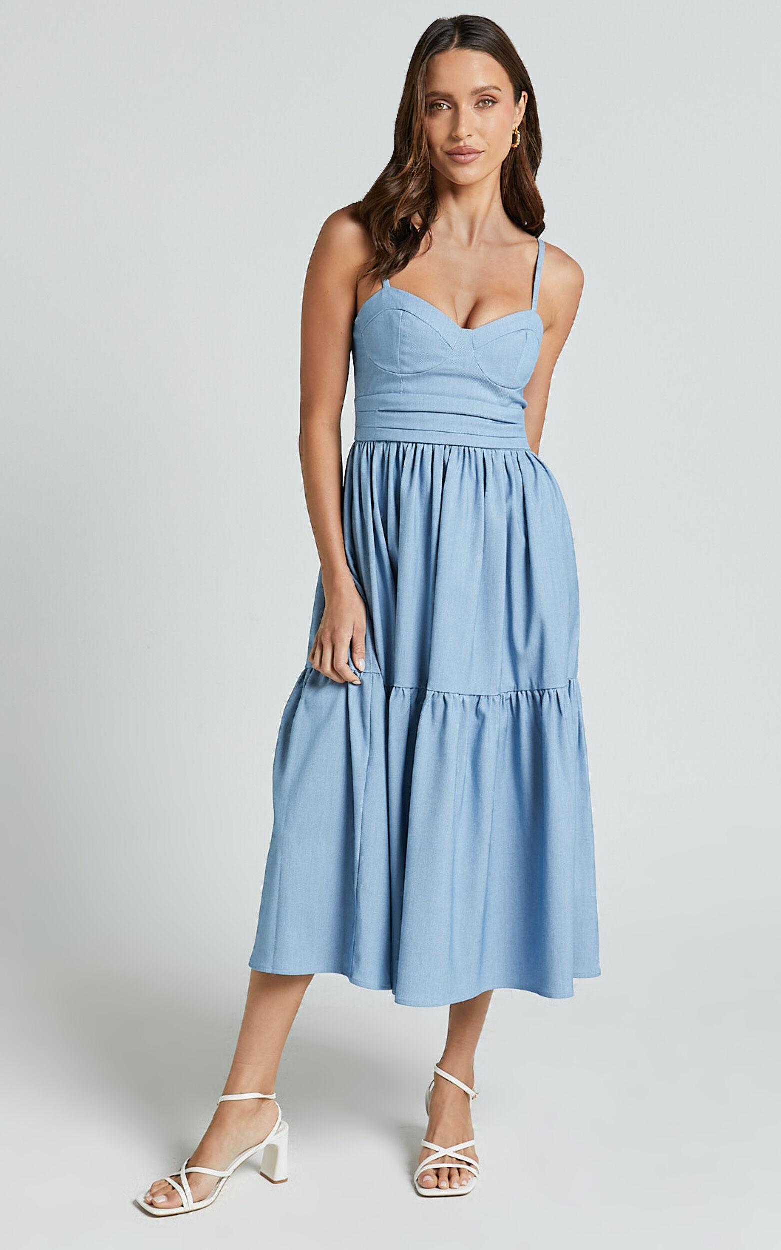 Gem Midi Dress - Strappy Sweetheart Tier Dress in Light Blue Product Image