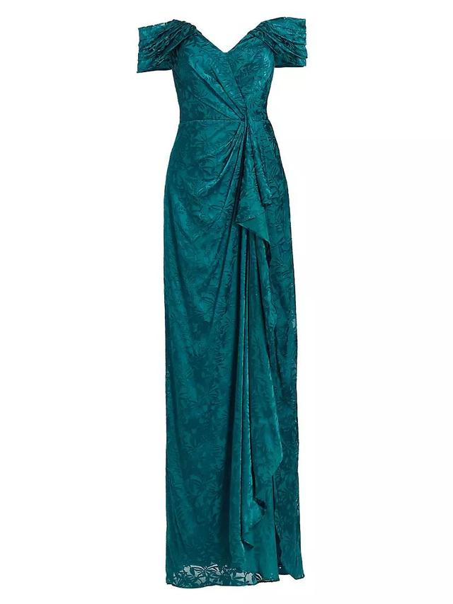 Draped Burn-Out Silk Off-The-Shoulder Gown Product Image