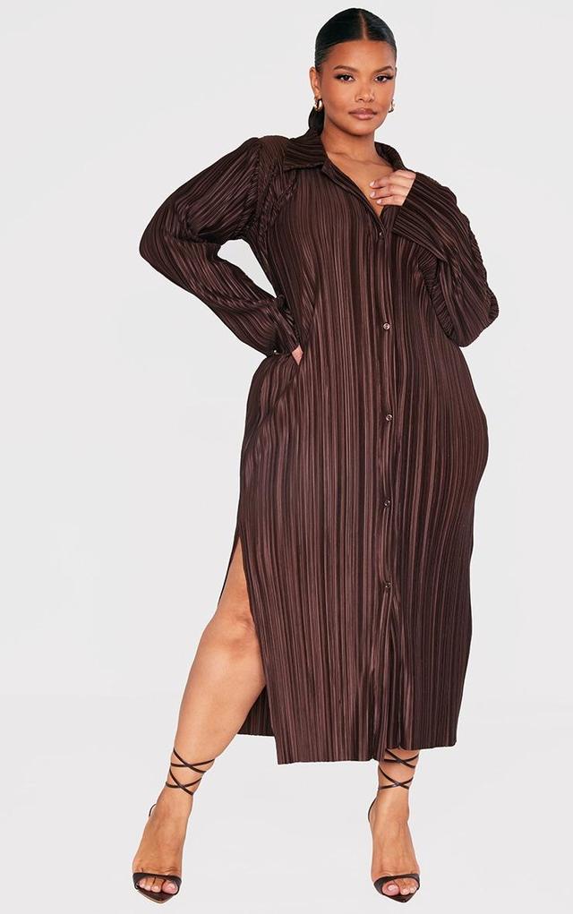 Plus Chocolate Plisse Oversized Midi Shirt Dress Product Image