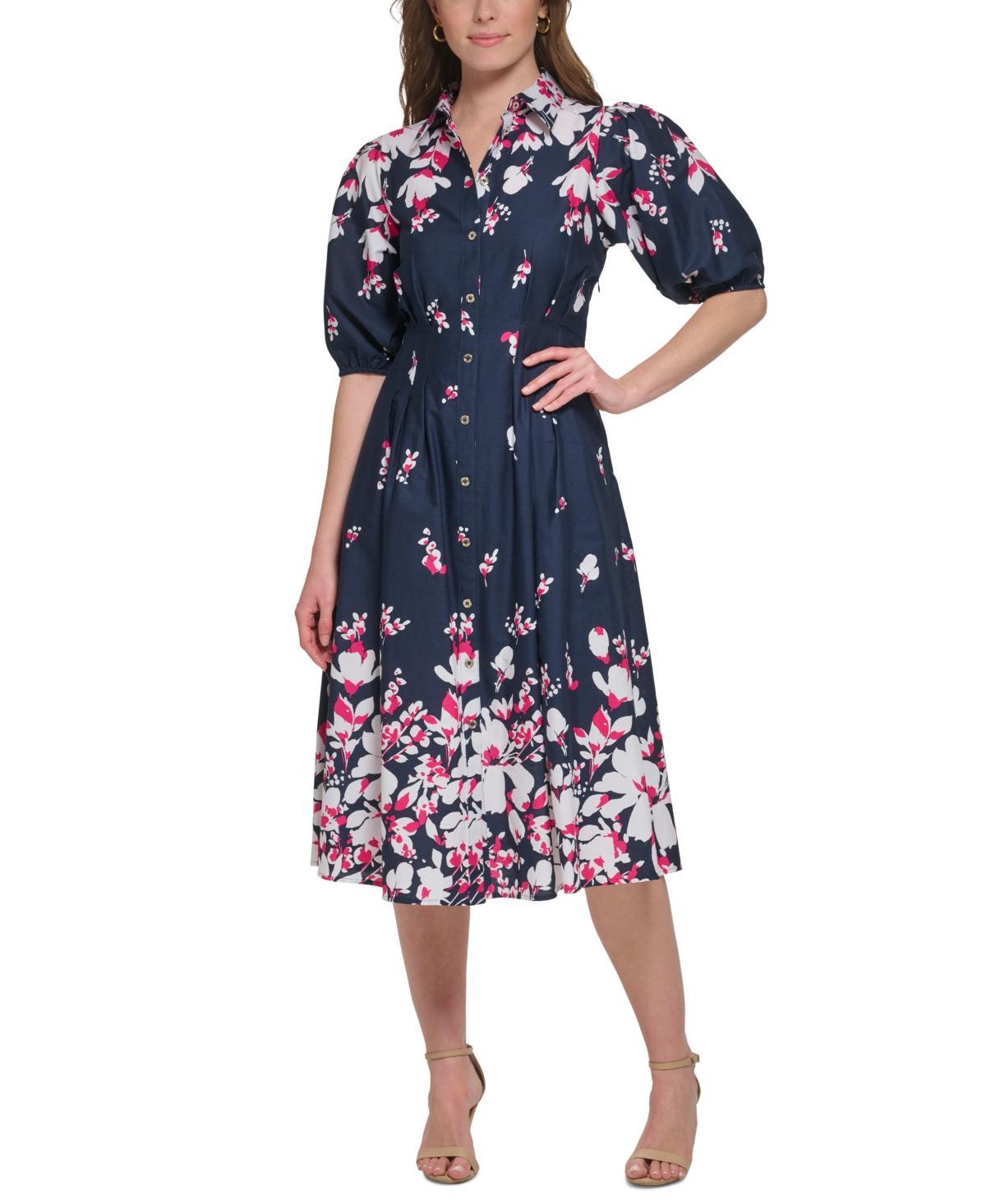 Tommy Hilfiger Womens Cotton Puff-Sleeve Floral Midi Dress Product Image