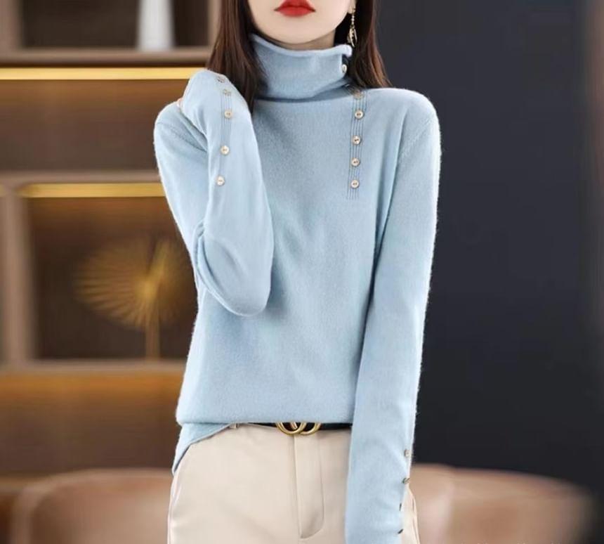 Long-Sleeve Turtleneck Button Accent Knit Top Product Image