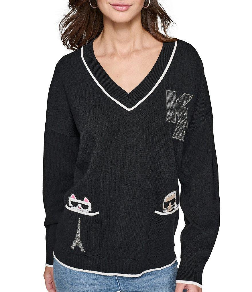 KARL LAGERFELD PARIS Knit Varsity Style Embellished Patch Artwork V-Neck Long Sleeve Sweater Product Image