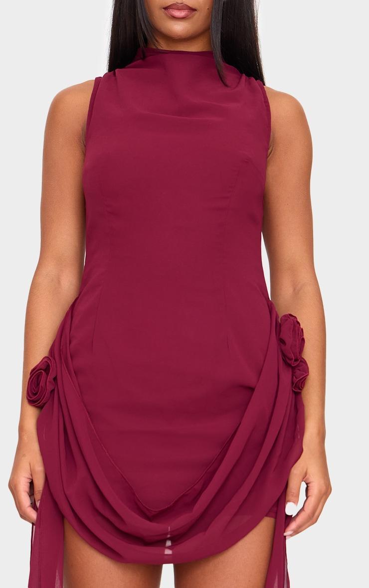 Burgundy Chiffon Boat Neck Drape Detail Mini Dress Product Image