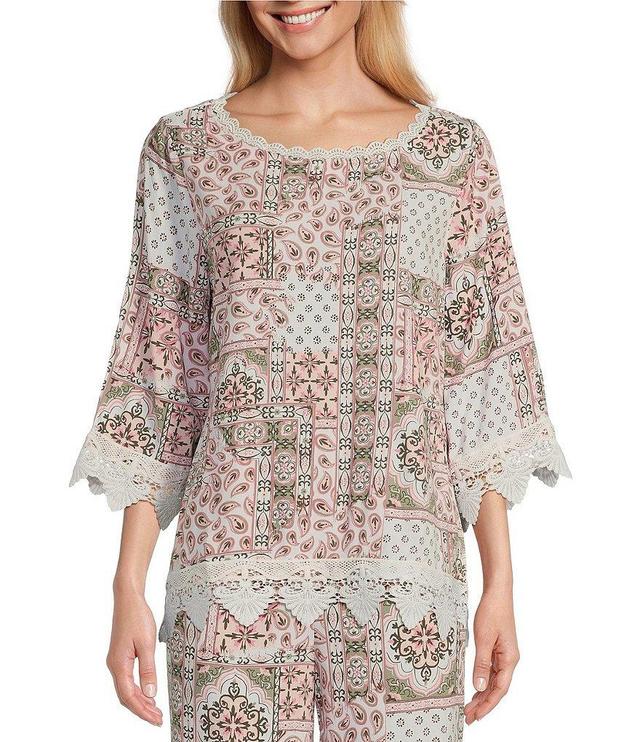 Allison Daley Petite Size Paisley Patch Print 3/4 Sleeve Scoop Neck Lace Detail Top Product Image