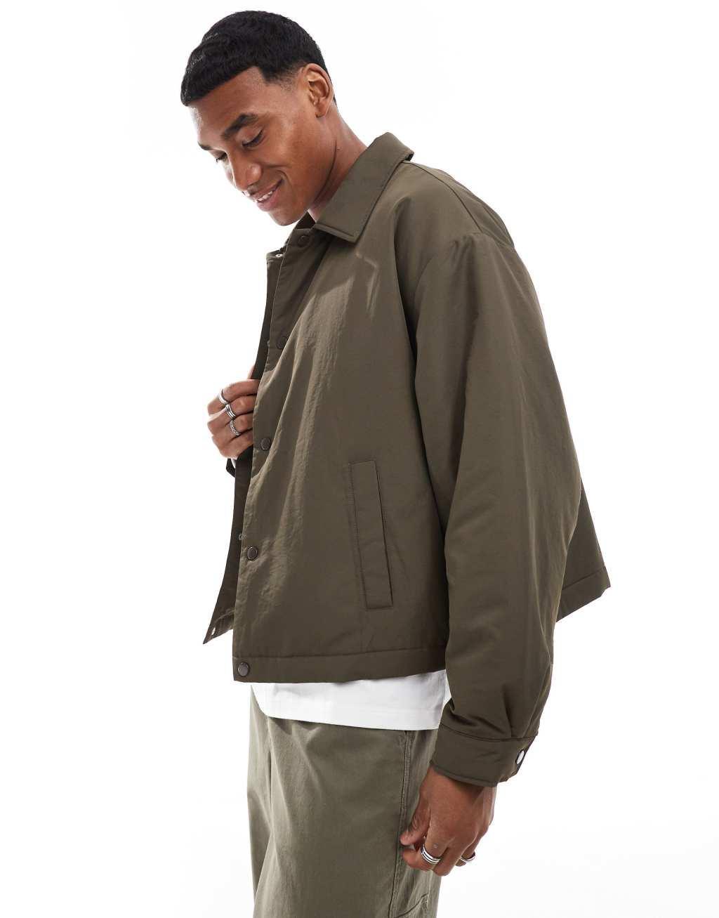 ASOS DESIGN oversized cropped harrington jacket in brown Product Image