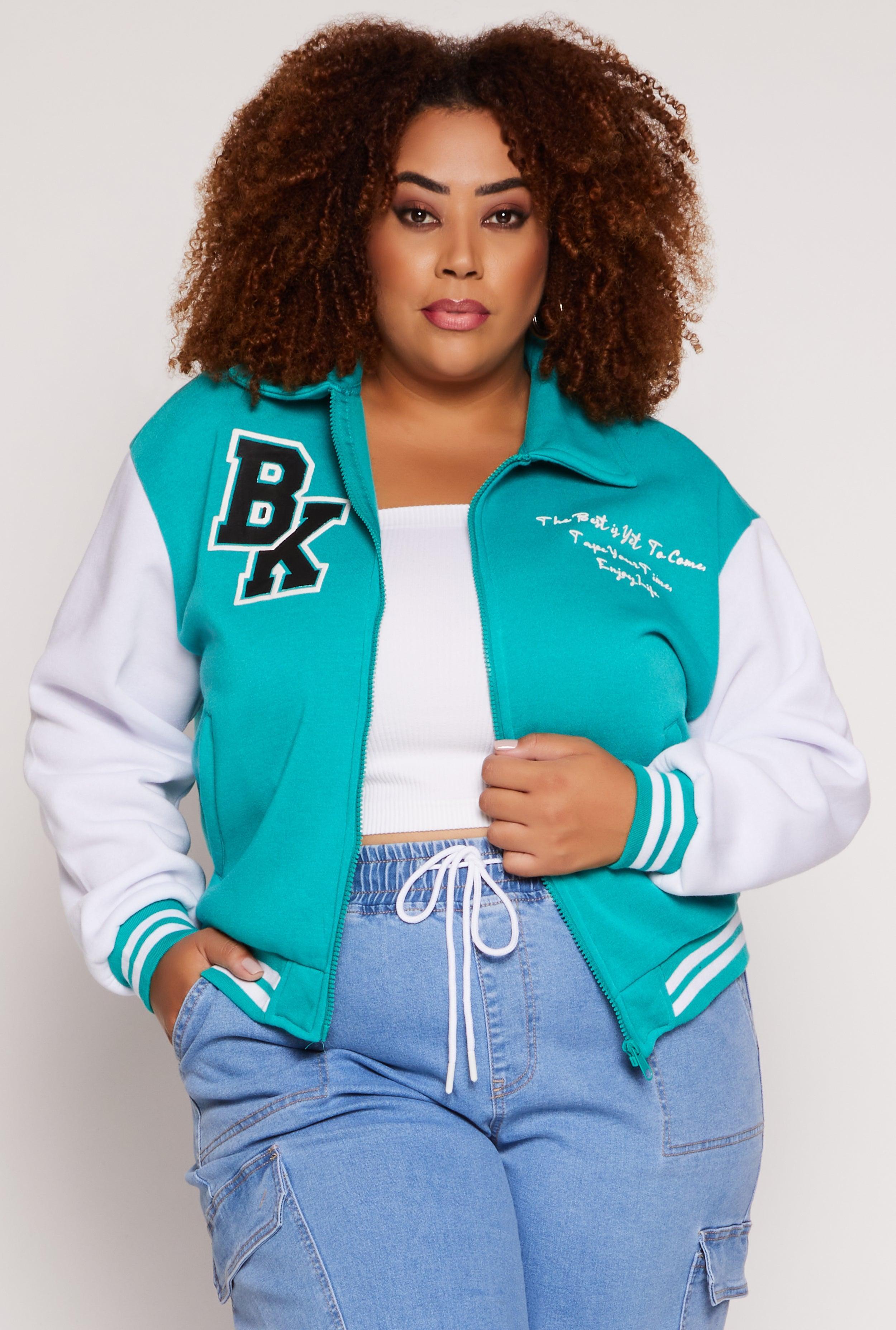 Womens Plus Size BK Graphic Zip Front Letterman Jacket Product Image