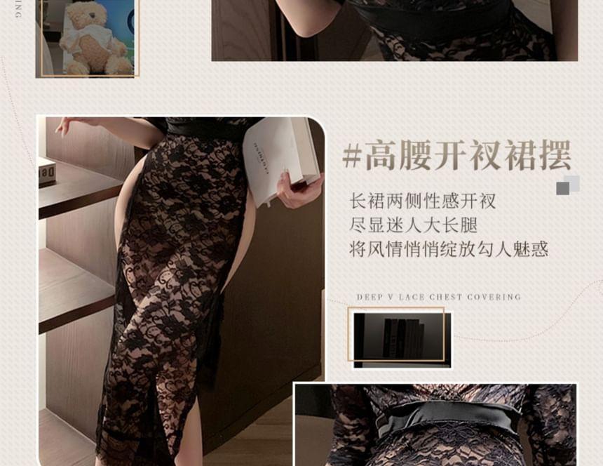 Elbow-Sleeve V-Neck Lace Slit Midi Night Dress / G-String / Stockings / Set Product Image